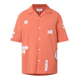 Wax London Didcot Scribble Casual Shirt in terracotta with ecru squiggle applique, short sleeves, spread collar, button fastenings
