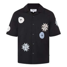Wax London Ditcot Embellished Bowling Shirt in black with multi-coloured floral embroidery, notched collar, short sleeves, button front