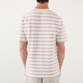Model wearing Wax London Dean Stitched Striped T-Shirt in ecru and rust, short sleeves, crew neck, rear view