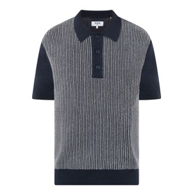 Wax London Turin Knitted Polo Shirt in navy, featuring textured knit front, contrast solid sleeves, buttoned placket, and ribbed trims