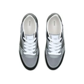Arne grey leather and mesh low-top trainers, white lace-up front, black panelling, white sole, top-down view
