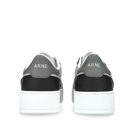 Arne grey and black leather trainers, rear view showing white chunky sole and ARNE heel branding