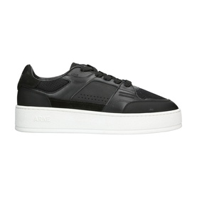 Arne black leather platform trainers with perforated detailing, lace-up fastening, and white chunky sole