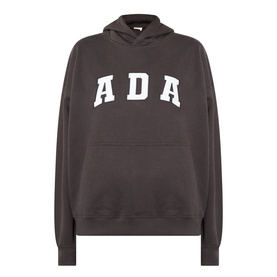 Adanola ADA Logo Oversized Hoodie in Coffee Bean with white ADA lettering, fixed hood, kangaroo pocket, and ribbed trims