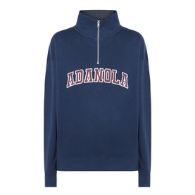 Adanola Varsity Logo Half-Zip Sweatshirt in navy blue with burgundy collegiate logo, funnel neck, half-zip placket and ribbed trims