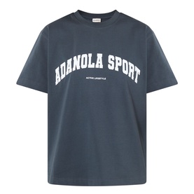 Adanola ADA Sport Oversized Logo T-Shirt in Midnight Blue with white varsity-style ADA Sport lettering, crew neck, dropped shoulders, short sleeves.