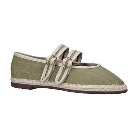 Flabelus green canvas Mary Jane flat with double striped buckle straps and espadrille-style jute sole