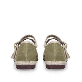 Flabelus green canvas ballerina flats with tassel detail, beige trim, and dark burgundy sole, rear view