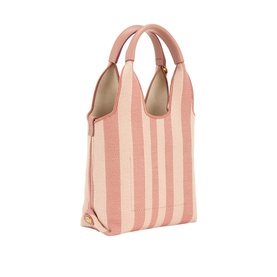 Chloe P777 Stripy Mini Tote Bag in Nougat, pink stripe woven canvas, top handles, structured silhouette, engraved gold-tone hardware
