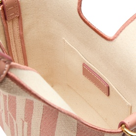 Chlo&eacute; P777 Stripy Mini Tote Bag in Nougat, interior view showing cream canvas lining, pink leather trim, and engraved gold-tone hardware detail