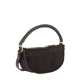 Chloe black calfskin crossbody bag with woven top handle, gold-tone hardware, and detachable shoulder strap
