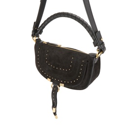 Chloe black suede calfskin crossbody bag with gold stud trim, zip top, braided top handle and adjustable shoulder strap