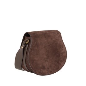 Chloe Marcie Suede Saddle Bag in Khol Brown with curved flap, gold-tone ring closure, and adjustable shoulder strap