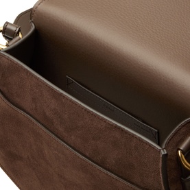 Chloe Marcie Suede Saddle Bag in Khol Brown, open interior view showing suede lining and card slot, gold-tone hardware detail visible