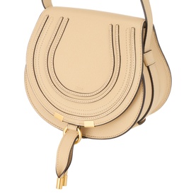 Chlo&eacute; Marcie Small Saddle Crossbody Bag in Petal Beige grained calfskin with gold-toned hardware and loop fastening detail