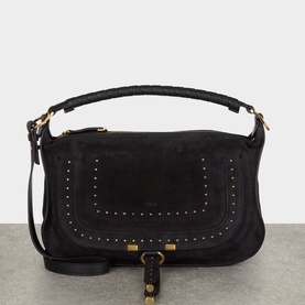 Chloe Marcie Small Shoulder Bag in black suede calfskin with gold-tone studs, topstitching, braided top handle and adjustable crossbody strap.