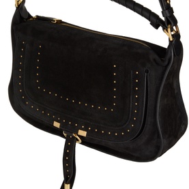 Chlo&eacute; Marcie Small Shoulder Bag in black suede-effect leather with gold-tone stud detailing, topstitching, and flap fastening with ring tie