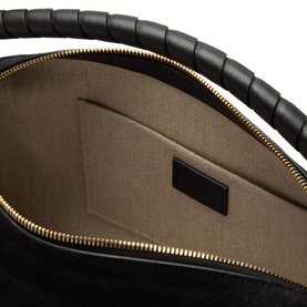 Chlo&eacute; Marcie Small Shoulder Bag in black, interior view showing linen-cotton lining, inner pocket, and gold-tone zip closure