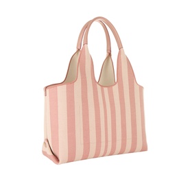 Chlo&eacute; Stripy East-West Tote Bag in Nougat, pink stripe jacquard cotton with leather trim, dual top handles and gold-tone hardware