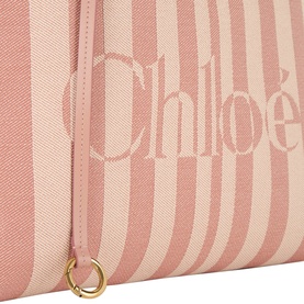Chlo&eacute; Stripy East-West Tote Bag in nougat stripe jacquard cotton, gold-tone ring hardware and embossed logo detail visible.