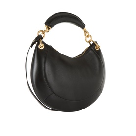Chlo&eacute; black leather shoulder bag with gold-tone chain handle and adjustable strap, crescent silhouette with curved base