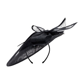 Phase Eight black sinamay fascinator with oversized bow and feather detail on a slim headband