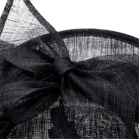 Phase Eight black sinamay fascinator with oversized bow detail and loop headband, close-up texture shot