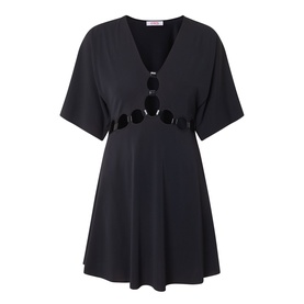 Eres Connection Cut-Out Beach Dress in Noir, V-neckline, short flutter sleeves, circular cut-out detailing at waist, flared mini skirt