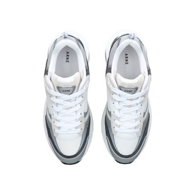 Arne white chunky trainers with grey panelling, thick rubber sole, lace-up fastening, top-down view