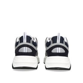 Arne blue and grey chunky trainers, mesh and suede upper, white thick sole, rear view