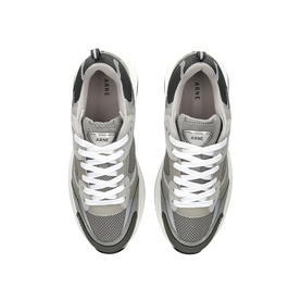 Arne grey chunky trainers, top-down view showing white laces, mesh and suede panelling with white sole detail