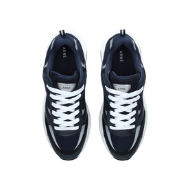 Arne blue trainers, overhead view, white lace-up fastening, chunky white sole, navy and white panelled upper
