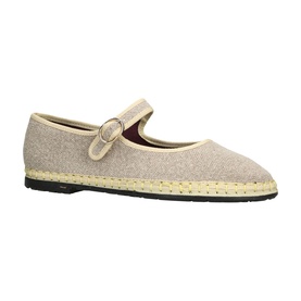 Flabelus white Mary Jane espadrille flat with gold buckle strap, woven jute trim, and black rubber sole