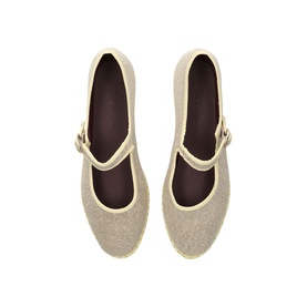 Flabelus white mary jane flats with single buckle strap, viewed from above showing dark burgundy insole