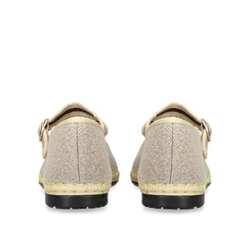 Flabelus white canvas loafers, rear view, gold buckle detail and trim, black rubber sole