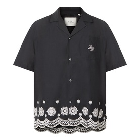 Les Deux Border Embroidered Shirt in Tap Shoe Black, camp collar, short sleeves, white floral scalloped hem embroidery, button fastening