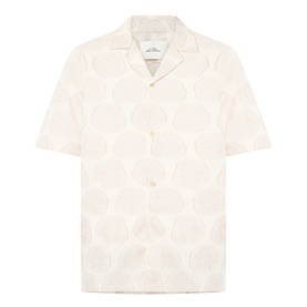 Les Deux Dahlia Jacquard Shirt in light sand with floral medallion pattern, camp collar, short sleeves, and button fastening