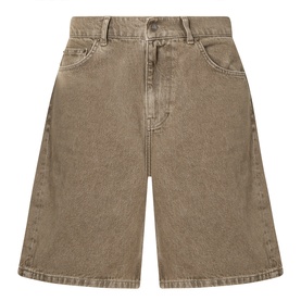 Les Deux Washed Denim Shorts in light brown denim wash, five-pocket style with belt loops and button fly fastening, washed finish