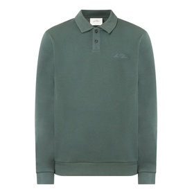 Les Deux Script Logo Polo Sweater in pine green with flat collar, button fastening, long sleeves, ribbed trims, and embroidered logo