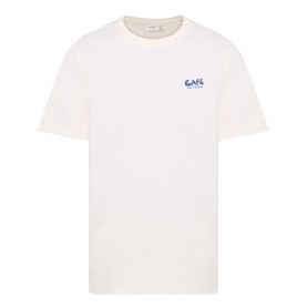 Les Deux light ivory cotton T-shirt with small blue graphic logo print on chest, crew neck and short sleeves