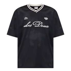Les Deux Logo Mesh Jersey T-Shirt in Tap Shoe Black, V-neck with ribbed stripe trim, short sleeves, and script logo branding on chest