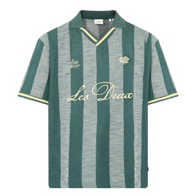 Les Deux Stripe Football T-Shirt in pine green, vertical stripe jacquard, open V-neckline, short sleeves, embroidered logo detail