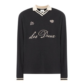 Les Deux Waffle Football Top in black, long sleeves, V-neck collar with cream stripe trims and cursive logo embroidery
