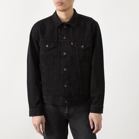 Model wearing Levi's black denim casual jacket with button front, chest pockets and red tab detail, styled with dark grey jeans.