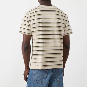 Model wearing Levis Stripe Logo T-Shirt in Martin Stripe Winter Pear, rear view, paired with light blue denim jeans.