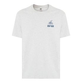 Light grey marl crew neck T-shirt with small blue graphic logo print on left chest, short sleeves, relaxed fit