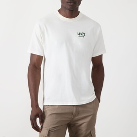 Model wearing Levi's Music City Egret white cotton crew neck T-shirt with small chest logo, styled with beige cargo trousers