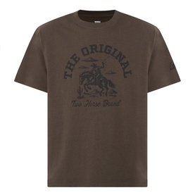 Levis Crew Neck T in coffee brown cotton with dark graphic print reading The Original Two Horse Brand to chest.