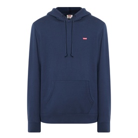 Levi's navy blue cotton hoodie with small red logo patch, kangaroo front pocket and drawstring hood