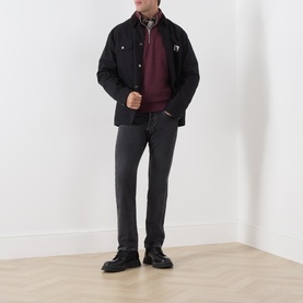 Model wearing Levi's Winetasting HTR French Terry sweatshirt, styled with black overshirt jacket, dark grey jeans and black boots.